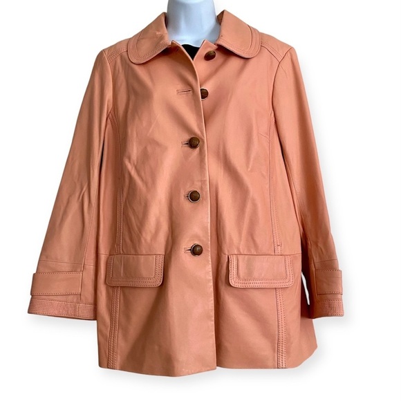 Tory Burch Peach Pink Soft Leather Jacket Sz Large Button Up Pockets Neutral - Picture 1 of 15